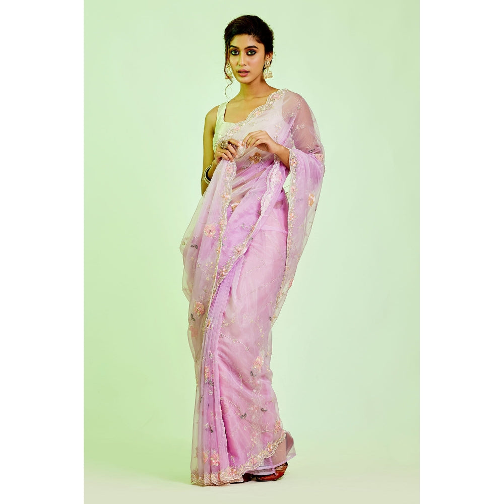 Aparnaa Lavender Organza Hand Embroidered Pearl Thread Work Saree with Unstitched Blouse