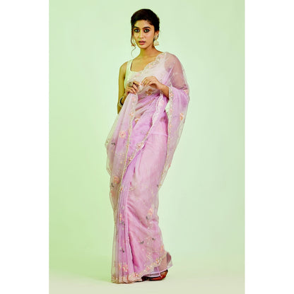 Aparnaa Lavender Organza Hand Embroidered Pearl Thread Work Saree with Unstitched Blouse