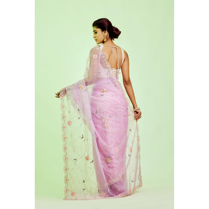 Aparnaa Lavender Organza Hand Embroidered Pearl Thread Work Saree with Unstitched Blouse
