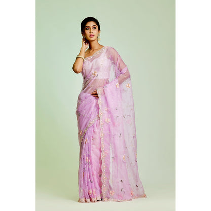 Aparnaa Lavender Organza Hand Embroidered Pearl Thread Work Saree with Unstitched Blouse