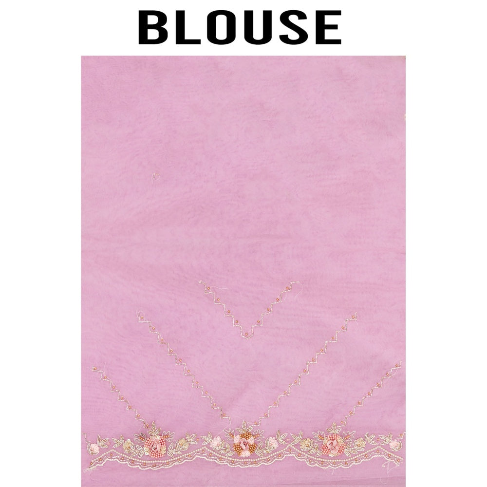 Aparnaa Lavender Organza Hand Embroidered Pearl Thread Work Saree with Unstitched Blouse