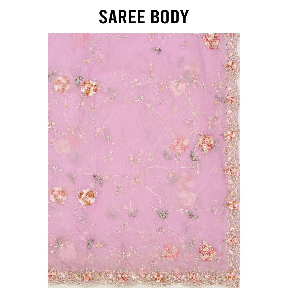 Aparnaa Lavender Organza Hand Embroidered Pearl Thread Work Saree with Unstitched Blouse
