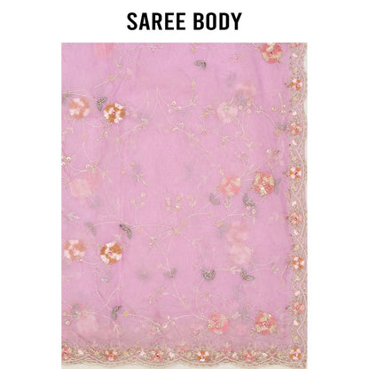 Aparnaa Lavender Organza Hand Embroidered Pearl Thread Work Saree with Unstitched Blouse