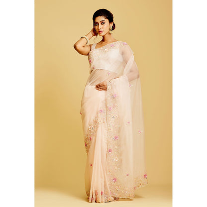 Aparnaa Light Peach Organza Hand Embroidered Pearl Thread Work Saree with Unstitched Blouse
