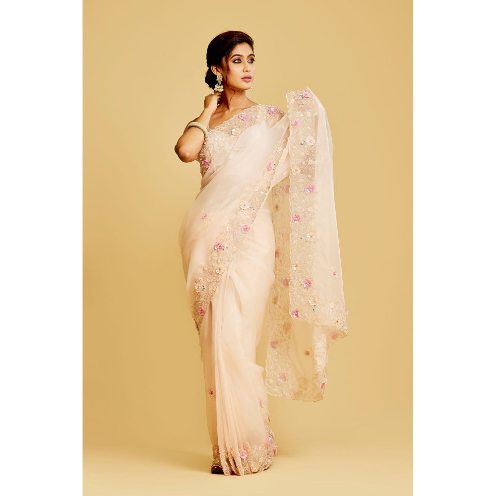Aparnaa Light Peach Organza Hand Embroidered Pearl Thread Work Saree with Unstitched Blouse