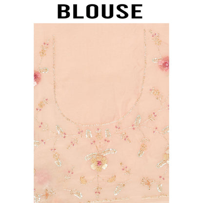 Aparnaa Light Peach Organza Hand Embroidered Pearl Thread Work Saree with Unstitched Blouse