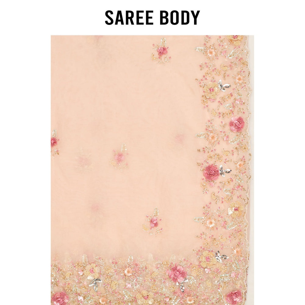 Aparnaa Light Peach Organza Hand Embroidered Pearl Thread Work Saree with Unstitched Blouse
