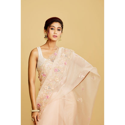 Aparnaa Light Peach Organza Hand Embroidered Pearl Thread Work Saree with Unstitched Blouse