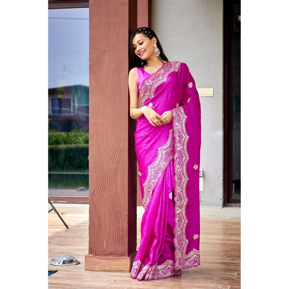 Aparnaa Pure Tussar Silk Intricate Pita Work On Body Magenta Saree with Unstitched Blouse