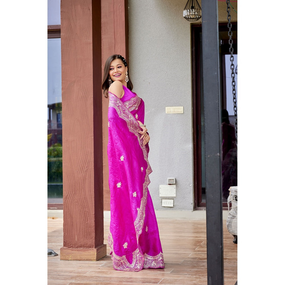 Aparnaa Pure Tussar Silk Intricate Pita Work On Body Magenta Saree with Unstitched Blouse