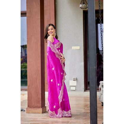 Aparnaa Pure Tussar Silk Intricate Pita Work On Body Magenta Saree with Unstitched Blouse