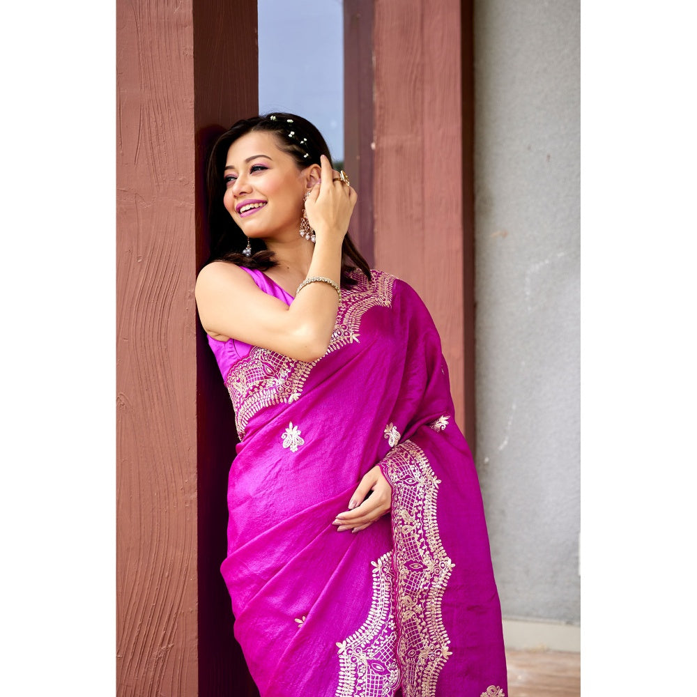 Aparnaa Pure Tussar Silk Intricate Pita Work On Body Magenta Saree with Unstitched Blouse