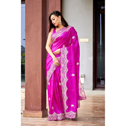 Aparnaa Pure Tussar Silk Intricate Pita Work On Body Magenta Saree with Unstitched Blouse