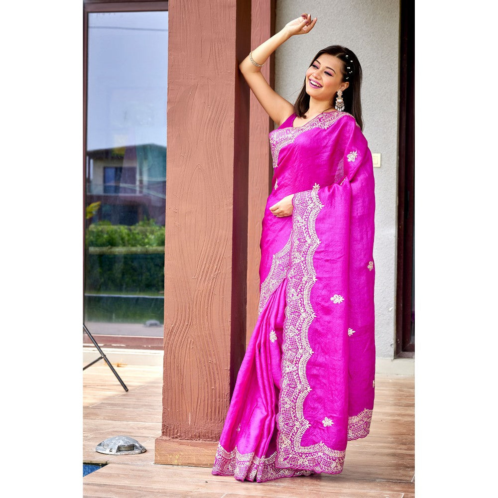 Aparnaa Pure Tussar Silk Intricate Pita Work On Body Magenta Saree with Unstitched Blouse