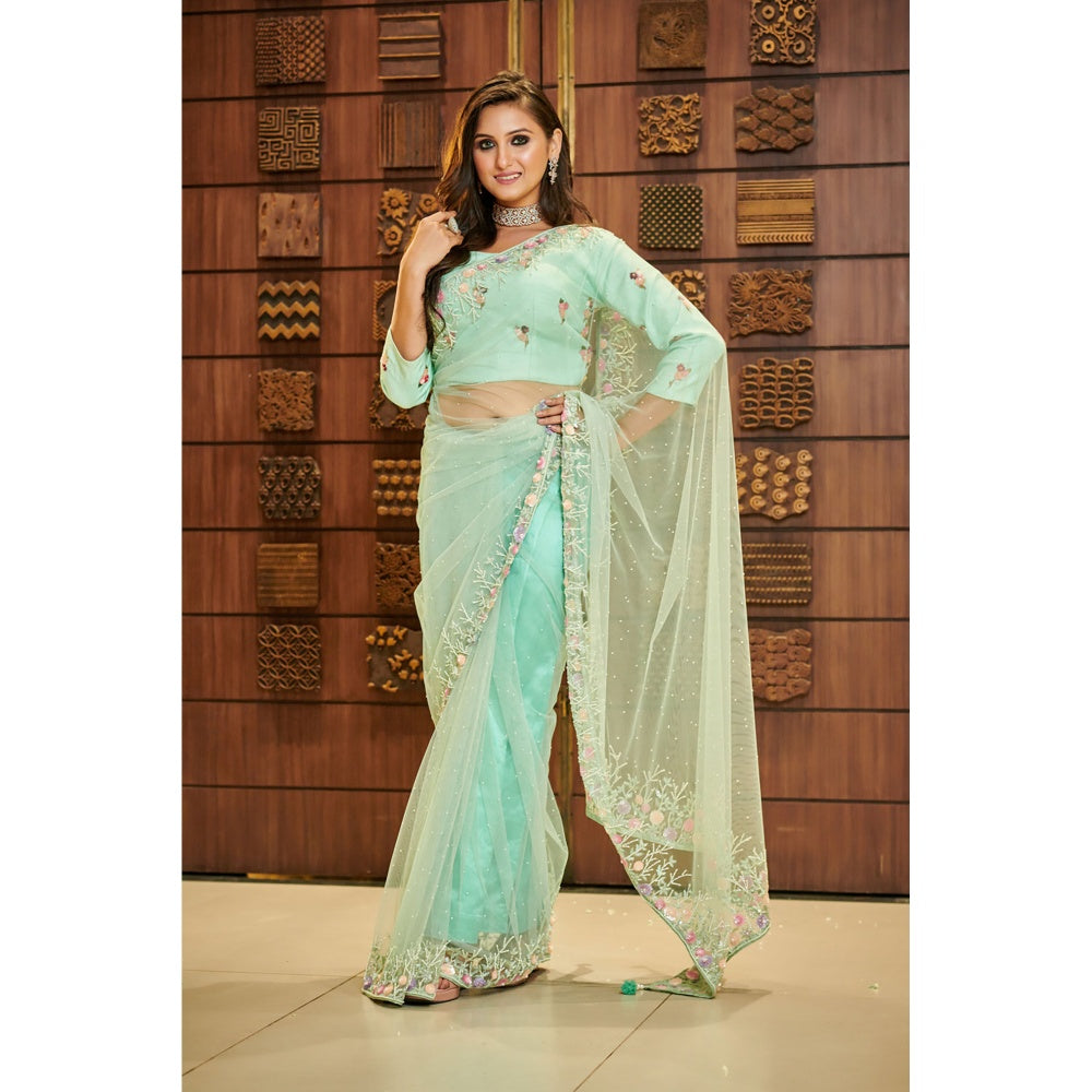Aparnaa Aqua Green Net Elegant Resham Embroidery Saree with Unstitched Blouse
