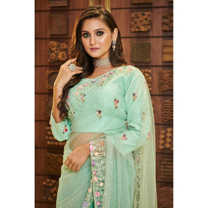 Aparnaa Aqua Green Net Elegant Resham Embroidery Saree with Unstitched Blouse
