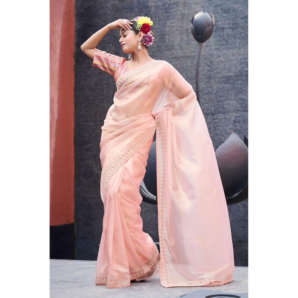 Aparnaa Light Pink Tissue Gota Patti Embroidered Border Gota Saree with Unstitched Blouse
