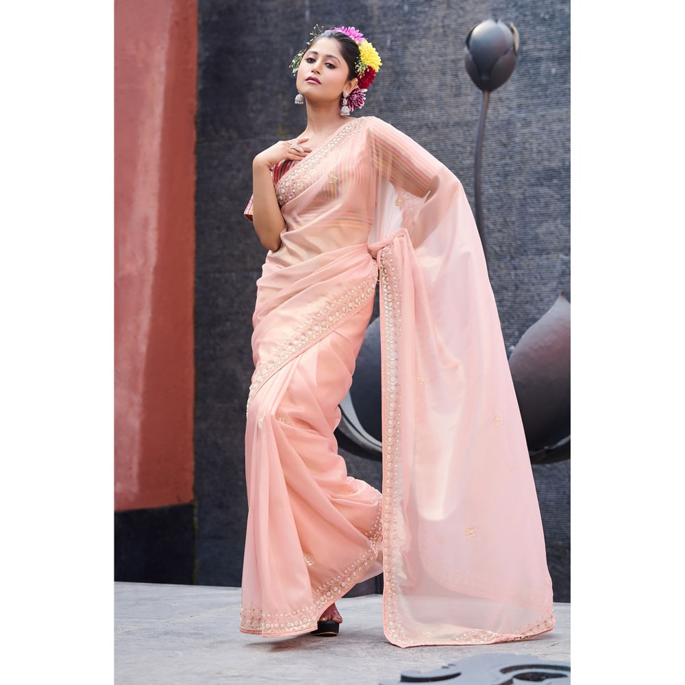 Aparnaa Light Pink Tissue Gota Patti Embroidered Border Gota Saree with Unstitched Blouse