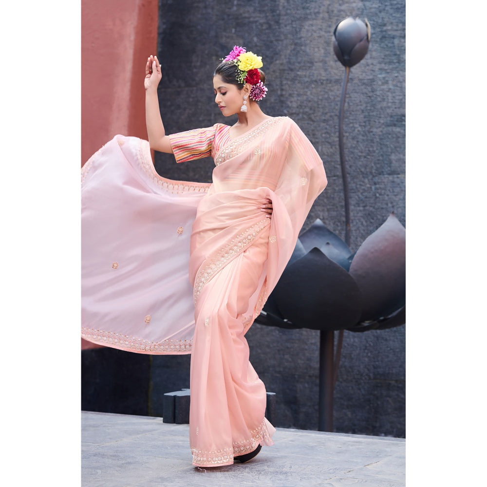 Aparnaa Light Pink Tissue Gota Patti Embroidered Border Gota Saree with Unstitched Blouse