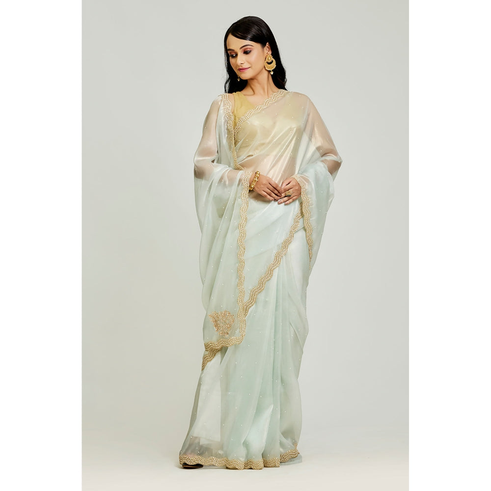 Aparnaa Blue Organza Tissue Pearl And Dabka Embroidered Border Saree with Unstitched Blouse