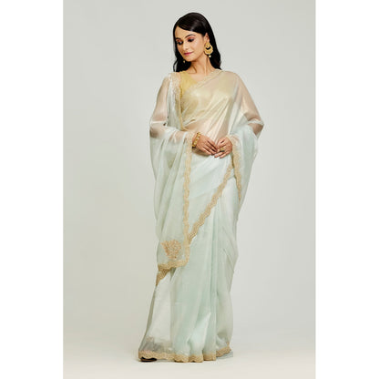 Aparnaa Blue Organza Tissue Pearl And Dabka Embroidered Border Saree with Unstitched Blouse