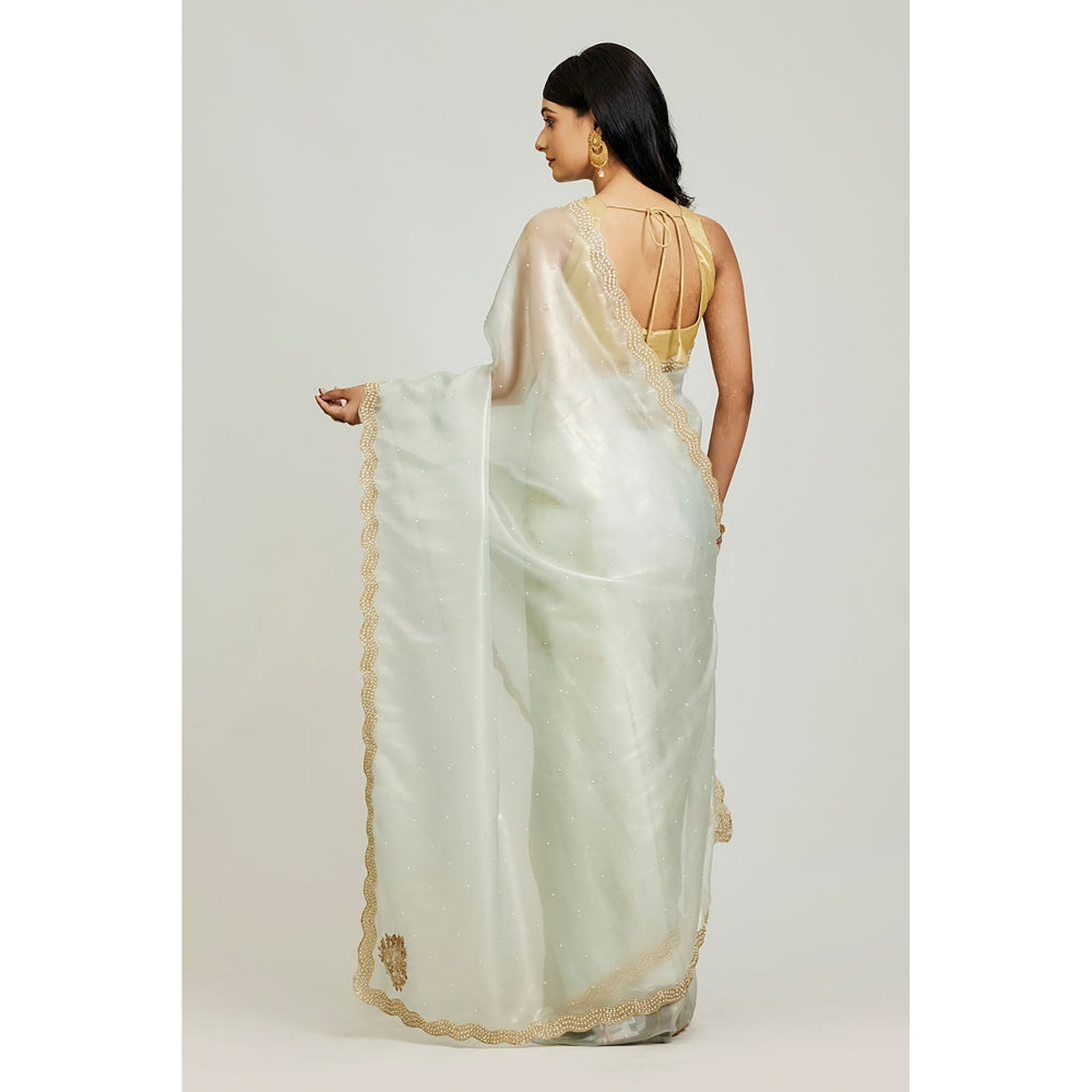 Aparnaa Blue Organza Tissue Pearl And Dabka Embroidered Border Saree with Unstitched Blouse