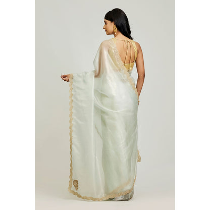 Aparnaa Blue Organza Tissue Pearl And Dabka Embroidered Border Saree with Unstitched Blouse