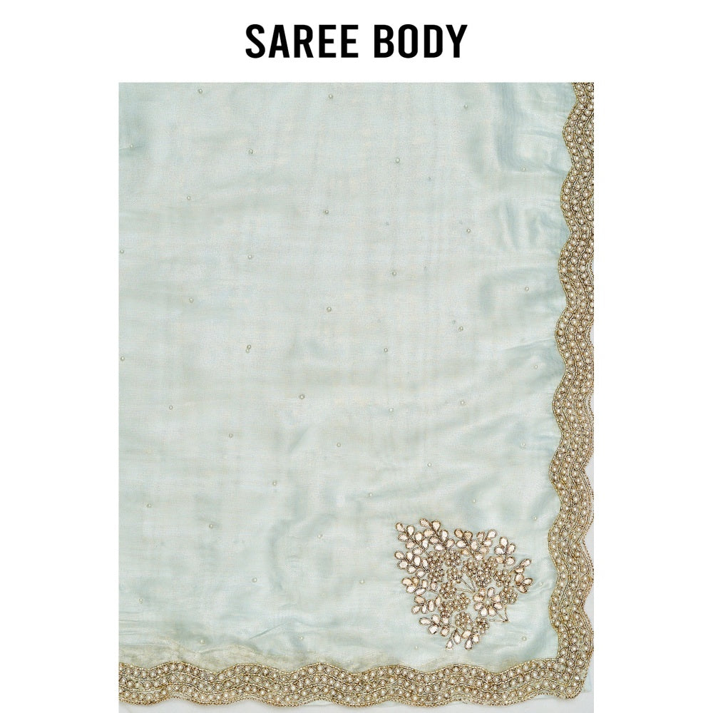 Aparnaa Blue Organza Tissue Pearl And Dabka Embroidered Border Saree with Unstitched Blouse