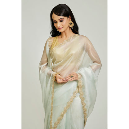 Aparnaa Blue Organza Tissue Pearl And Dabka Embroidered Border Saree with Unstitched Blouse