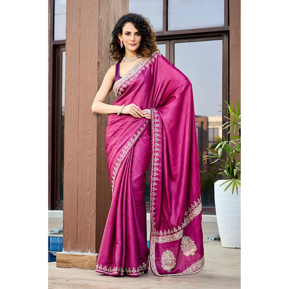 Aparnaa Pure Tussar Silk Hand Embroidered Pearl Purple Saree with Unstitched Blouse