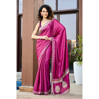 Aparnaa Pure Tussar Silk Hand Embroidered Pearl Purple Saree with Unstitched Blouse