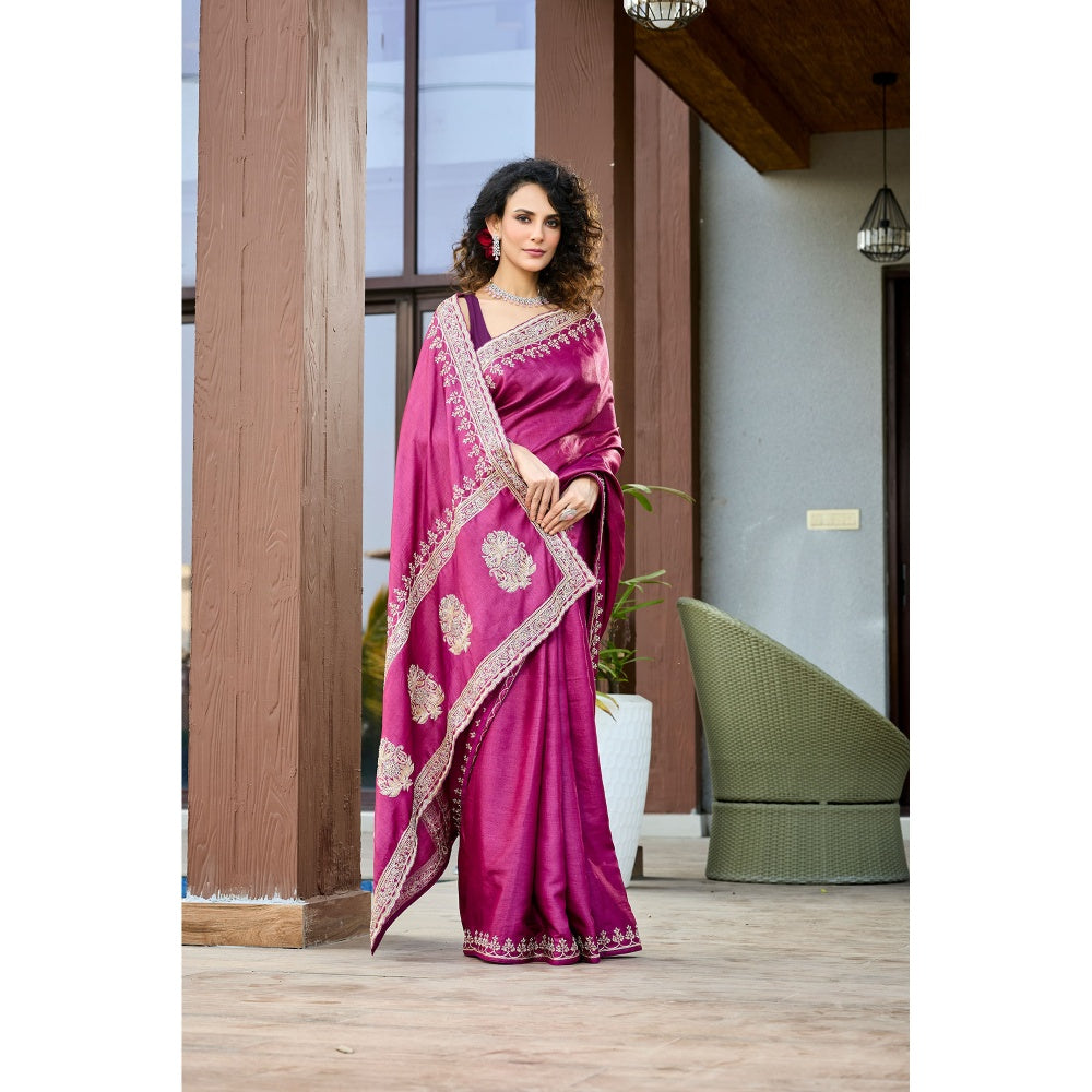 Aparnaa Pure Tussar Silk Hand Embroidered Pearl Purple Saree with Unstitched Blouse