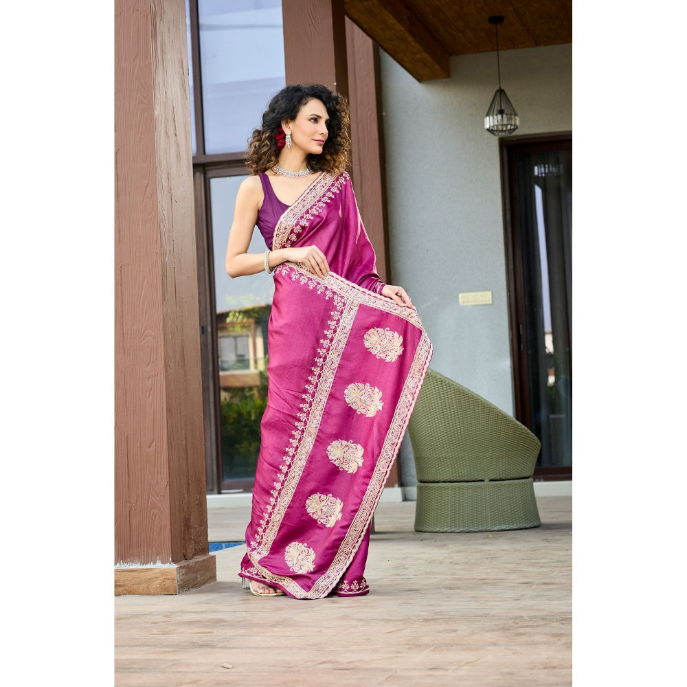 Aparnaa Pure Tussar Silk Hand Embroidered Pearl Purple Saree with Unstitched Blouse