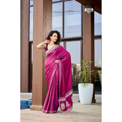 Aparnaa Pure Tussar Silk Hand Embroidered Pearl Purple Saree with Unstitched Blouse