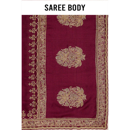 Aparnaa Pure Tussar Silk Hand Embroidered Pearl Purple Saree with Unstitched Blouse