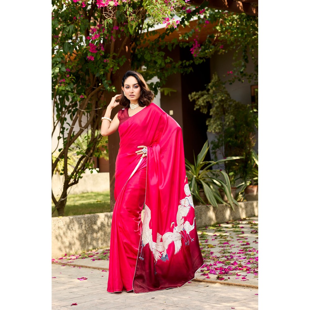 Aparnaa Rani Satin Georgette Elegant Swan Embroidered Pallu Saree with Unstitched Blouse