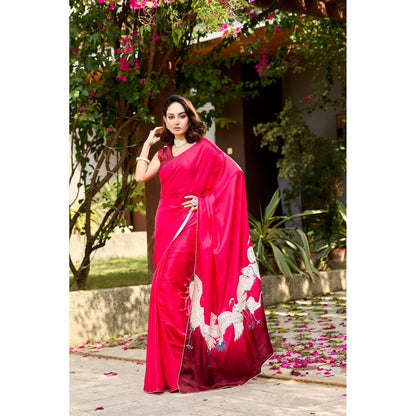 Aparnaa Rani Satin Georgette Elegant Swan Embroidered Pallu Saree with Unstitched Blouse
