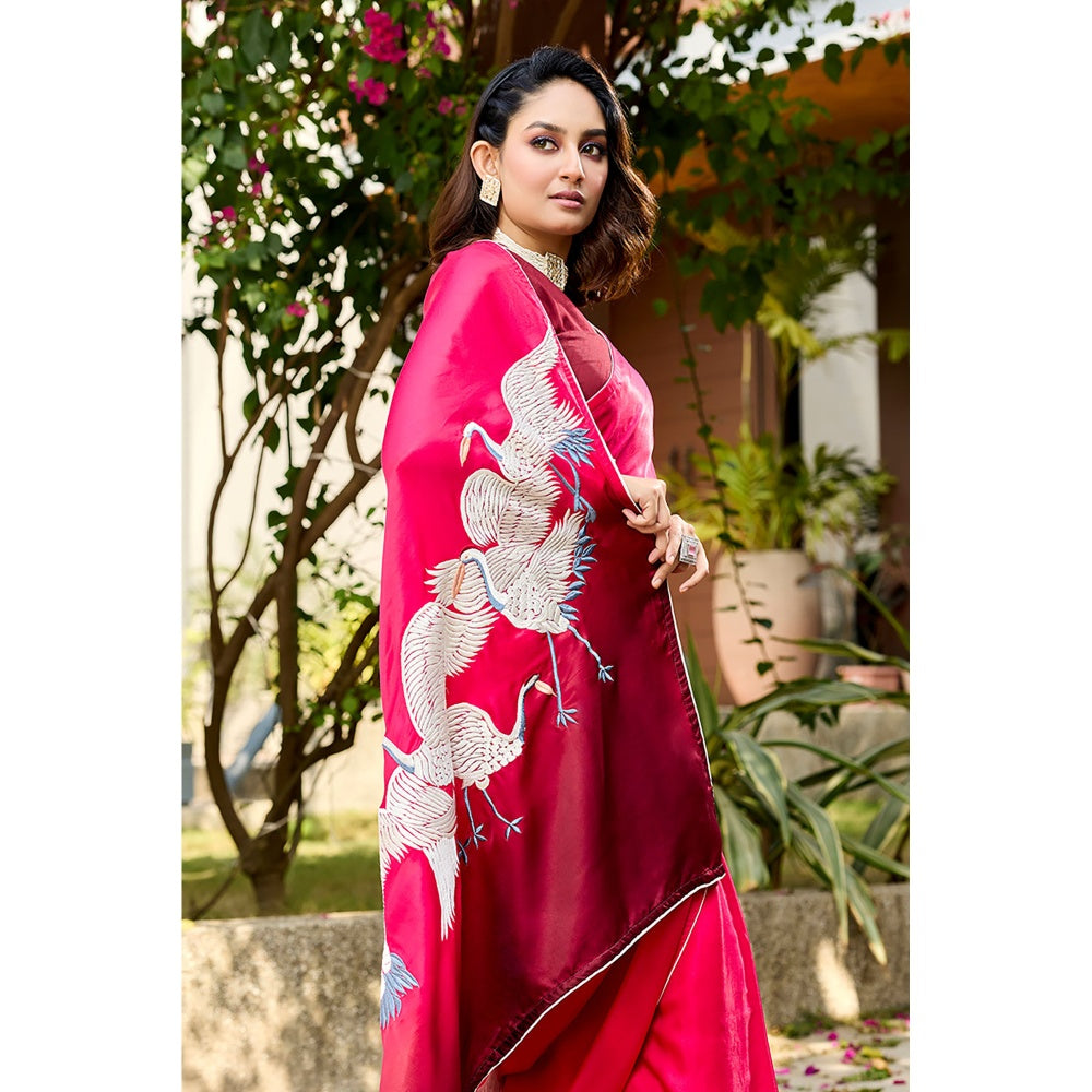 Aparnaa Rani Satin Georgette Elegant Swan Embroidered Pallu Saree with Unstitched Blouse