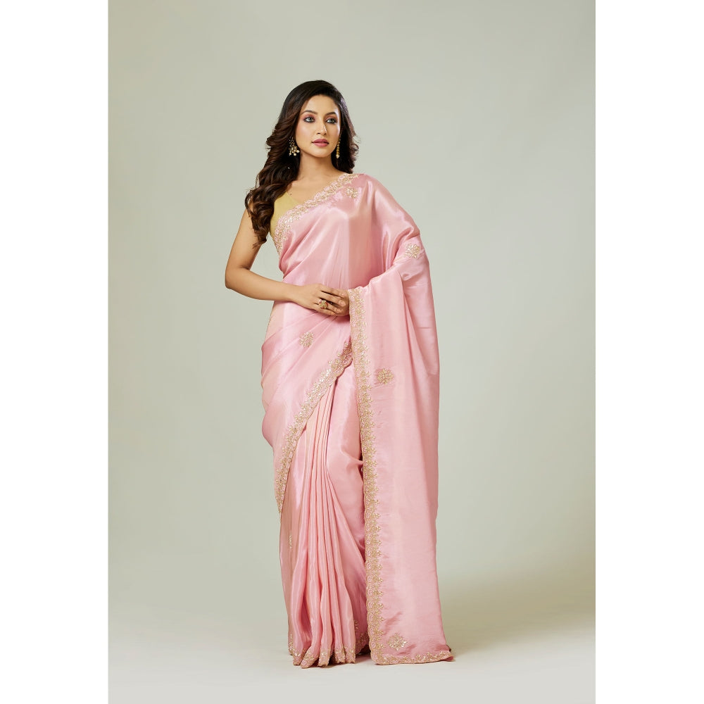 Aparnaa Pink Tissue Silk Pearl Dabka And Gota Embroidered Saree with Unstitched Blouse