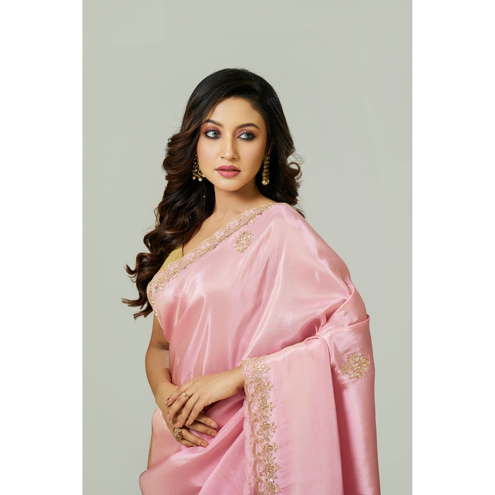 Aparnaa Pink Tissue Silk Pearl Dabka And Gota Embroidered Saree with Unstitched Blouse