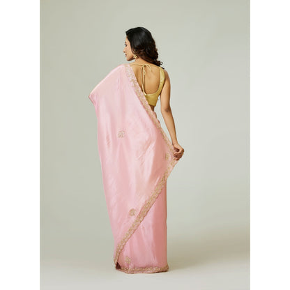 Aparnaa Pink Tissue Silk Pearl Dabka And Gota Embroidered Saree with Unstitched Blouse