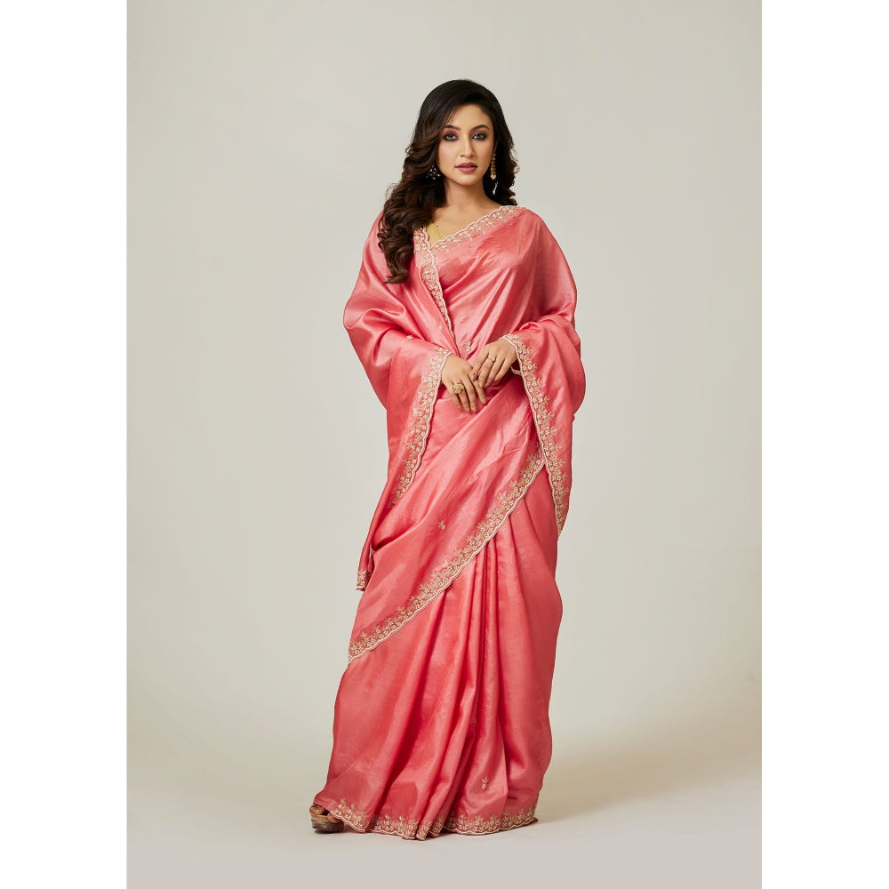 Aparnaa Peach Pure Tussar Silk Pearl Dabka Embroidery Saree with Unstitched Blouse
