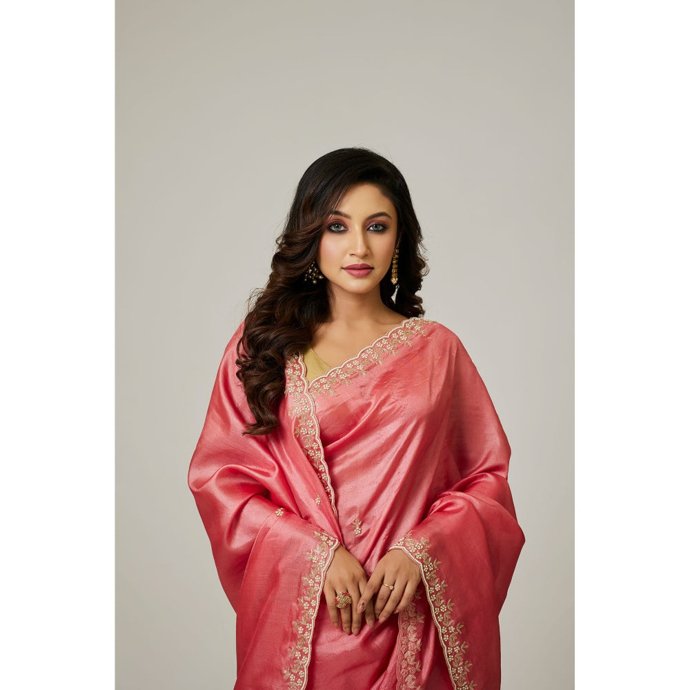 Aparnaa Peach Pure Tussar Silk Pearl Dabka Embroidery Saree with Unstitched Blouse