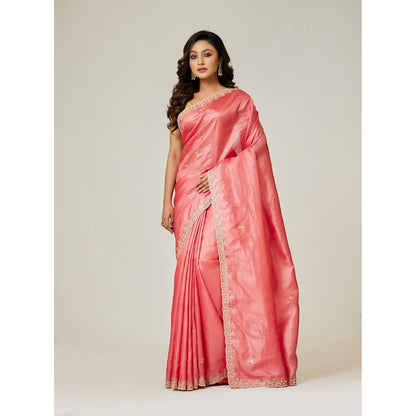 Aparnaa Peach Pure Tussar Silk Pearl Dabka Embroidery Saree with Unstitched Blouse