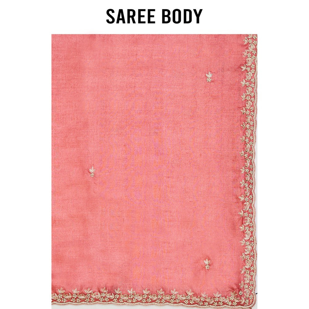 Aparnaa Peach Pure Tussar Silk Pearl Dabka Embroidery Saree with Unstitched Blouse