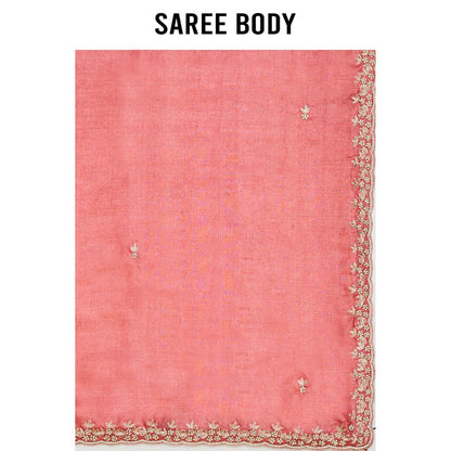 Aparnaa Peach Pure Tussar Silk Pearl Dabka Embroidery Saree with Unstitched Blouse