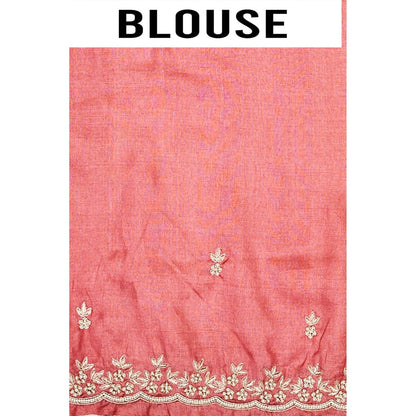 Aparnaa Peach Pure Tussar Silk Pearl Dabka Embroidery Saree with Unstitched Blouse