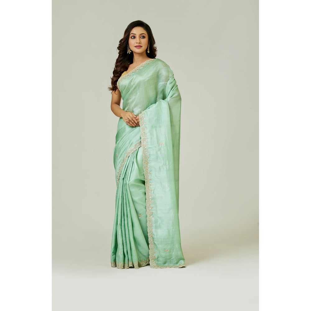 Aparnaa Aqua Pure Tussar Silk Pearl Dabka Embroidery Saree with Unstitched Blouse