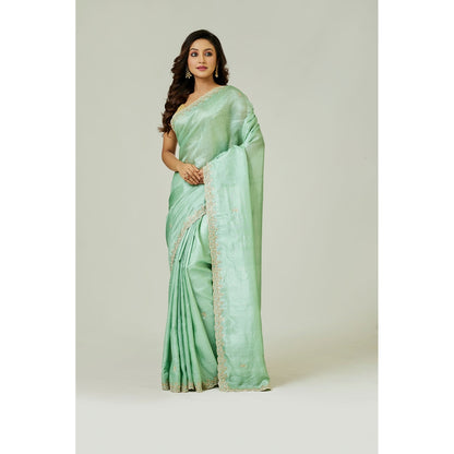 Aparnaa Aqua Pure Tussar Silk Pearl Dabka Embroidery Saree with Unstitched Blouse
