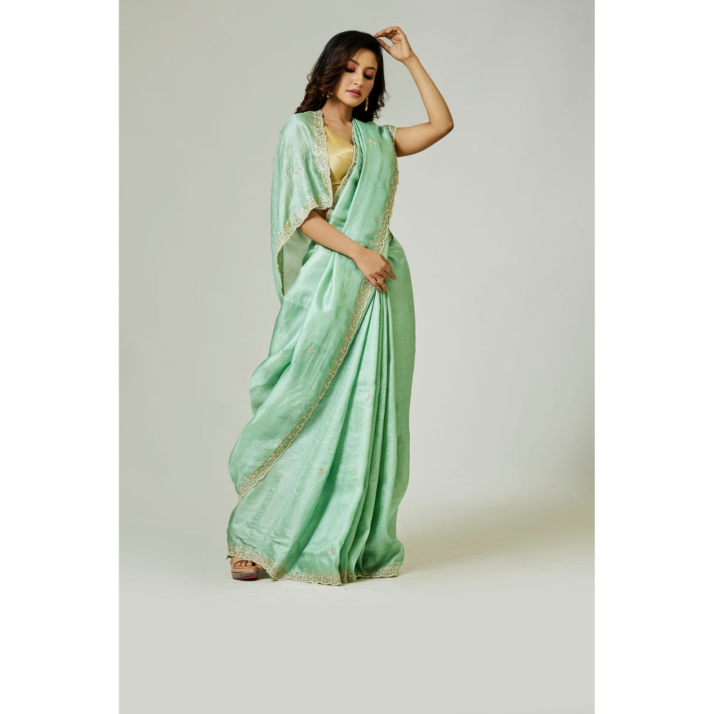 Aparnaa Aqua Pure Tussar Silk Pearl Dabka Embroidery Saree with Unstitched Blouse